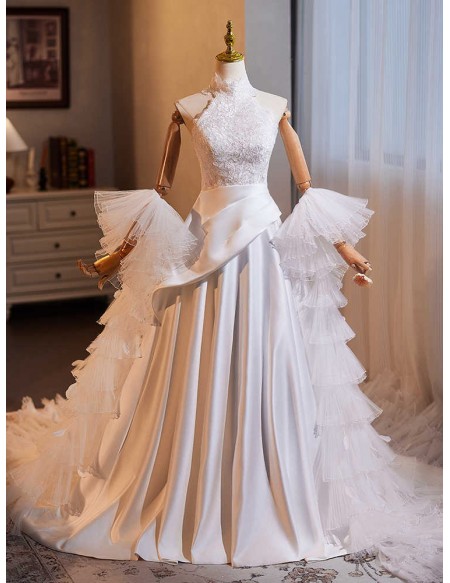 White High Neck Lace Satin Wedding Dress With Tulle Shawl