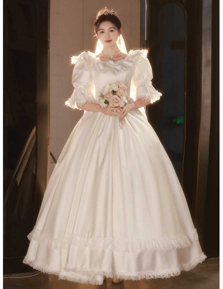 Vintage Inspired Ballgown Long Wedding Dress With Puff Sleeves