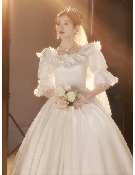 Vintage Inspired Ballgown Long Wedding Dress With Puff Sleeves