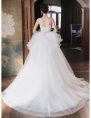 Strapless Ballgown Ruffled Tulle Wedding Dress With Pink Sash