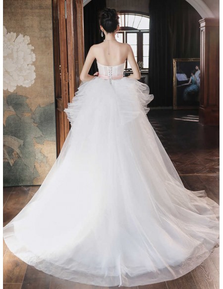 Strapless Ballgown Ruffled Tulle Wedding Dress With Pink Sash
