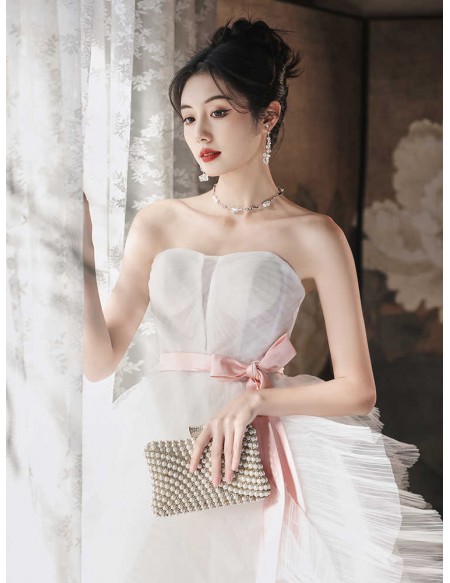 Strapless Ballgown Ruffled Tulle Wedding Dress With Pink Sash