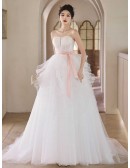 Strapless Ballgown Ruffled Tulle Wedding Dress With Pink Sash