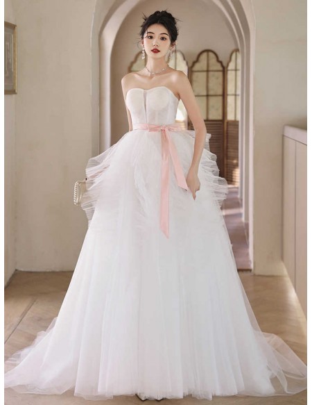 Strapless Ballgown Ruffled Tulle Wedding Dress With Pink Sash