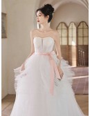 Strapless Ballgown Ruffled Tulle Wedding Dress With Pink Sash