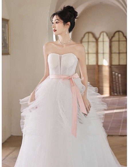Strapless Ballgown Ruffled Tulle Wedding Dress With Pink Sash