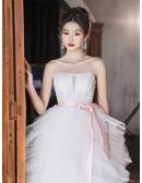 Strapless Ballgown Ruffled Tulle Wedding Dress With Pink Sash