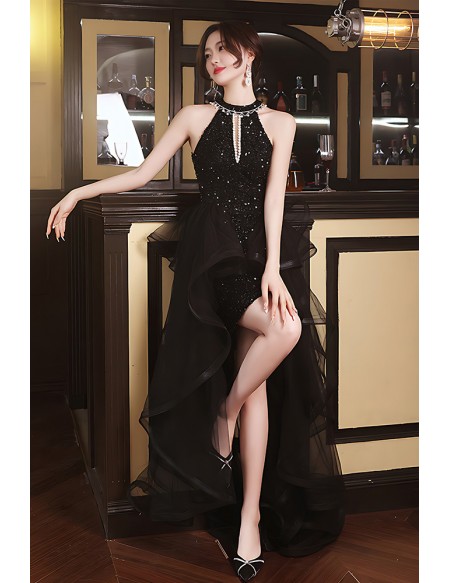 Stunning Black Sequin Reception Dress - Halter Neck Short To Long Formal Gown