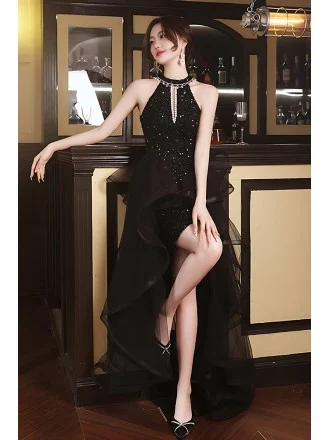 Stunning Black Sequin Reception Dress - Halter Neck Short To Long Formal Gown