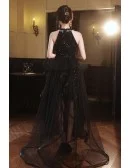 Stunning Black Sequin Reception Dress - Halter Neck Short To Long Formal Gown