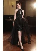 Stunning Black Sequin Reception Dress - Halter Neck Short To Long Formal Gown
