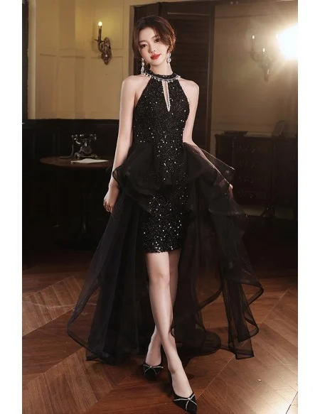 Stunning Black Sequin Reception Dress - Halter Neck Short To Long Formal Gown