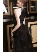 Stunning Black Sequin Reception Dress - Halter Neck Short To Long Formal Gown