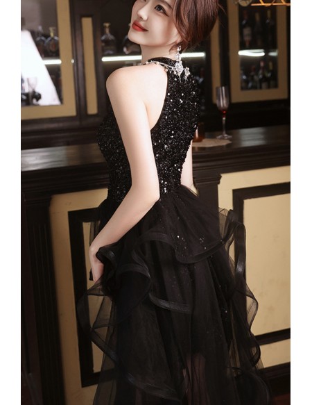 Stunning Black Sequin Reception Dress - Halter Neck Short To Long Formal Gown