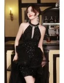 Stunning Black Sequin Reception Dress - Halter Neck Short To Long Formal Gown