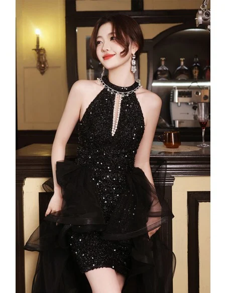 Stunning Black Sequin Reception Dress - Halter Neck Short To Long Formal Gown