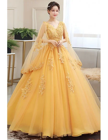 Elegant Gold Wedding Dress With Cape Sleeves & Beaded Appliques