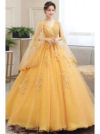 Elegant Gold Wedding Dress With Cape Sleeves & Beaded Appliques