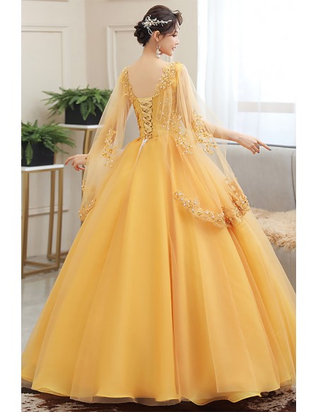 Elegant Gold Wedding Dress With Cape Sleeves & Beaded Appliques