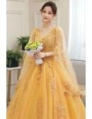 Elegant Gold Wedding Dress With Cape Sleeves & Beaded Appliques