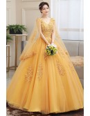 Elegant Gold Wedding Dress With Cape Sleeves & Beaded Appliques