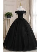 Dramatic Black Bridal Gown - Off-shoulder Sweetheart Wedding Dress With Tassel Sleeves & Corset Back