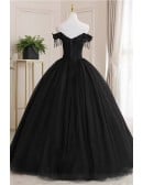 Dramatic Black Bridal Gown - Off-shoulder Sweetheart Wedding Dress With Tassel Sleeves & Corset Back