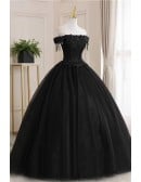 Dramatic Black Bridal Gown - Off-shoulder Sweetheart Wedding Dress With Tassel Sleeves & Corset Back