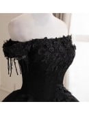 Dramatic Black Bridal Gown - Off-shoulder Sweetheart Wedding Dress With Tassel Sleeves & Corset Back