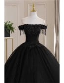 Dramatic Black Bridal Gown - Off-shoulder Sweetheart Wedding Dress With Tassel Sleeves & Corset Back