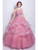 Light Pink Wedding Dress For Bride - Beautiful Rose Pink Ball Gown With Floral Bodice And Layered Skirt