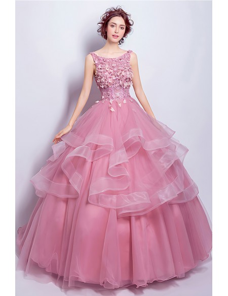 Light Pink Wedding Dress For Bride - Beautiful Rose Pink Ball Gown With Floral Bodice And Layered Skirt
