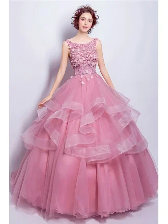 Light Pink Wedding Dress For Bride - Beautiful Rose Pink Ball Gown With Floral Bodice And Layered Skirt
