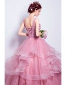 Light Pink Wedding Dress For Bride - Beautiful Rose Pink Ball Gown With Floral Bodice And Layered Skirt