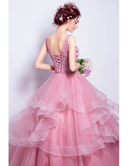 Light Pink Wedding Dress For Bride - Beautiful Rose Pink Ball Gown With Floral Bodice And Layered Skirt