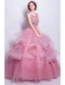 Light Pink Wedding Dress For Bride - Beautiful Rose Pink Ball Gown With Floral Bodice And Layered Skirt