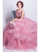 Light Pink Wedding Dress For Bride - Beautiful Rose Pink Ball Gown With Floral Bodice And Layered Skirt