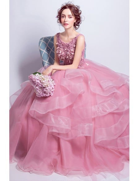 Light Pink Wedding Dress For Bride - Beautiful Rose Pink Ball Gown With Floral Bodice And Layered Skirt