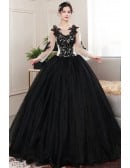 Gothic Black Lace Ball Gown Wedding Dress | Long Sleeve Illusion Bridal Gown With Corset Back