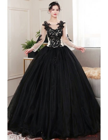 Gothic Black Lace Ball Gown Wedding Dress | Long Sleeve Illusion Bridal Gown With Corset Back