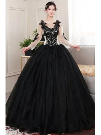 Gothic Black Lace Ball Gown Wedding Dress | Long Sleeve Illusion Bridal Gown With Corset Back
