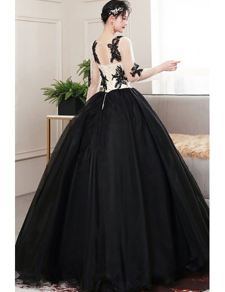 Gothic Black Lace Ball Gown Wedding Dress | Long Sleeve Illusion Bridal Gown With Corset Back