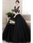 Gothic Black Lace Ball Gown Wedding Dress | Long Sleeve Illusion Bridal Gown With Corset Back