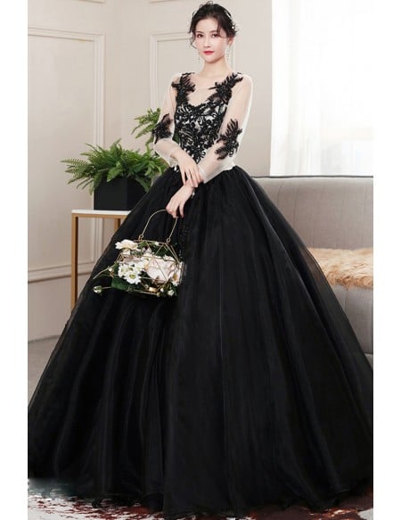 Gothic Black Lace Ball Gown Wedding Dress | Long Sleeve Illusion Bridal Gown With Corset Back