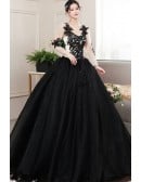 Gothic Black Lace Ball Gown Wedding Dress | Long Sleeve Illusion Bridal Gown With Corset Back