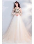 Elegant A-line Champagne Wedding Dress With Long Sleeves & Floral Embroidery