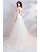 Elegant A-line Champagne Wedding Dress With Long Sleeves & Floral Embroidery