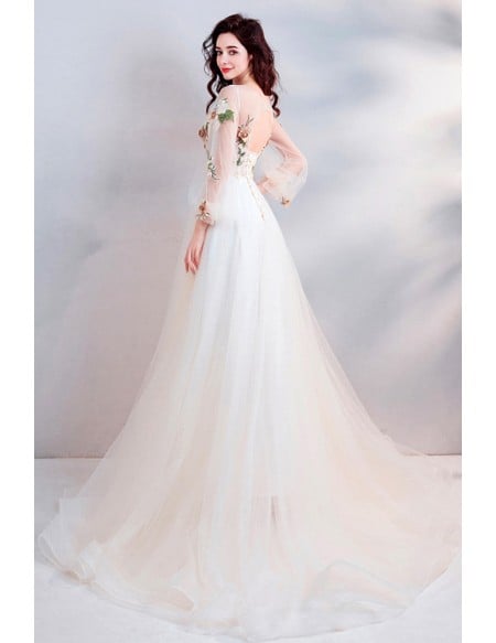 Elegant A-line Champagne Wedding Dress With Long Sleeves & Floral Embroidery