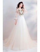 Elegant A-line Champagne Wedding Dress With Long Sleeves & Floral Embroidery