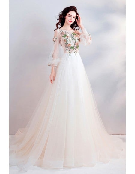 Elegant A-line Champagne Wedding Dress With Long Sleeves & Floral Embroidery